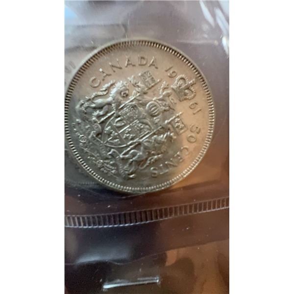 Canada 1961 50 Cents Silver Coin with British Arms Design