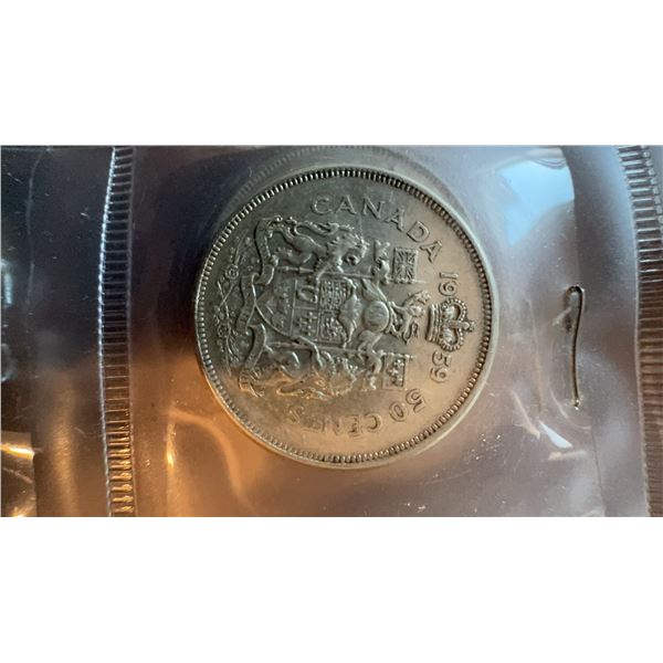 1959 Canadian 50 Cents Coin, 80% Silver, British Arms Reverse