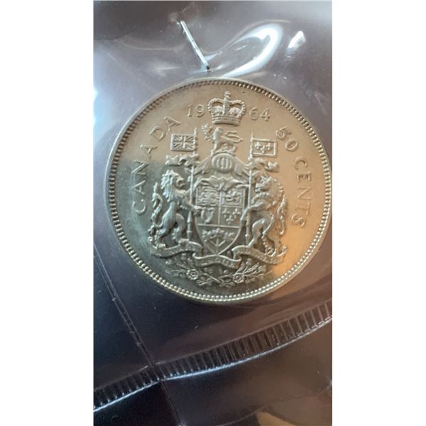 1964 Canada 50 Cents Coin, 80% Silver, British Arms of Canada