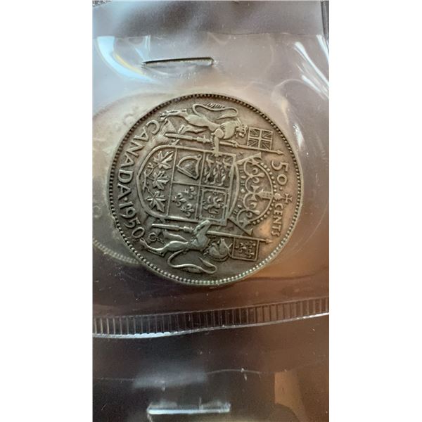 1950 Canada 50 Cent Coin, 80% Silver, British Arms Reverse