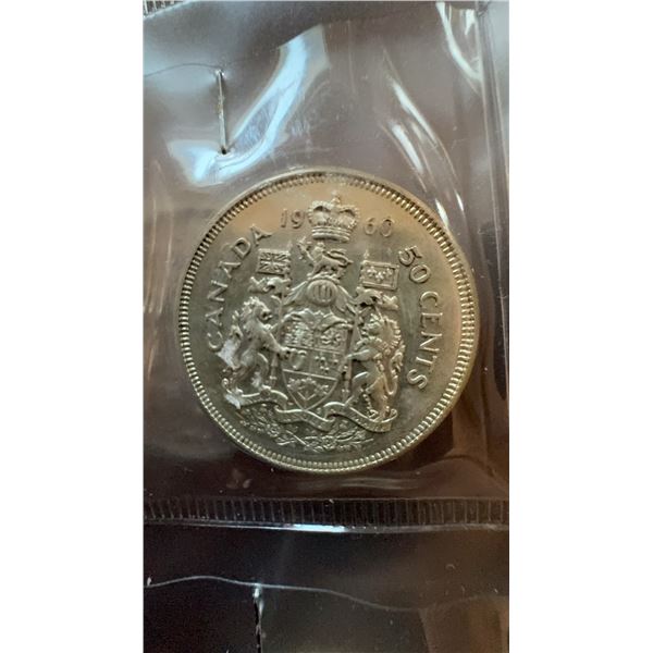 1960 Canada 50 Cent Coin, 80% Silver, Coat of Arms Reverse