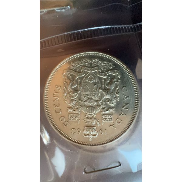 1963 Canada 50 Cents Coin, 80% Silver, British Arms Reverse