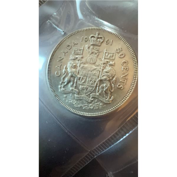 1961 Canada 50 Cent Coin, 80% Silver, Coat of Arms Reverse