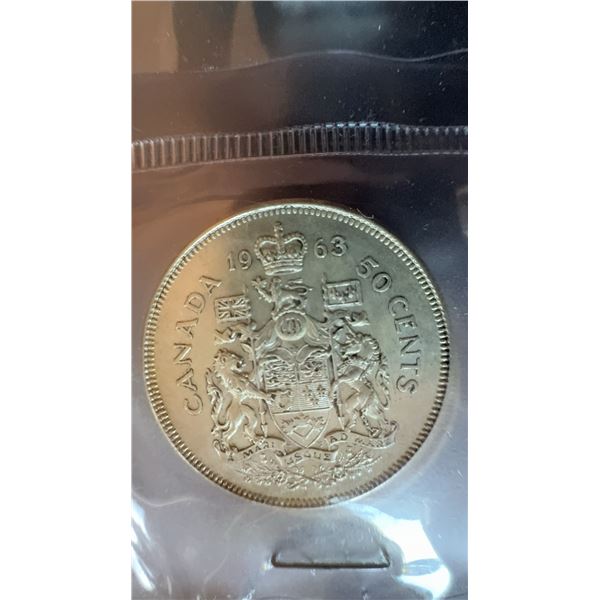 1963 Canada 50 Cent Coin, 80% Silver, British Arms Reverse