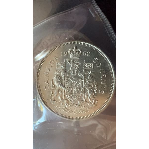 1962 Canada 50 Cents Coin, Elizabeth II, 80% Silver, 11.66g