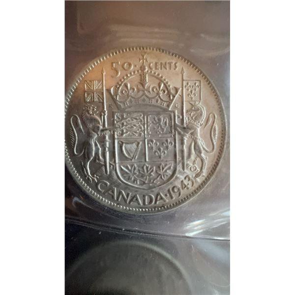 1943 Canada 50 Cent Coin, 80% Silver, 11.66 Grams
