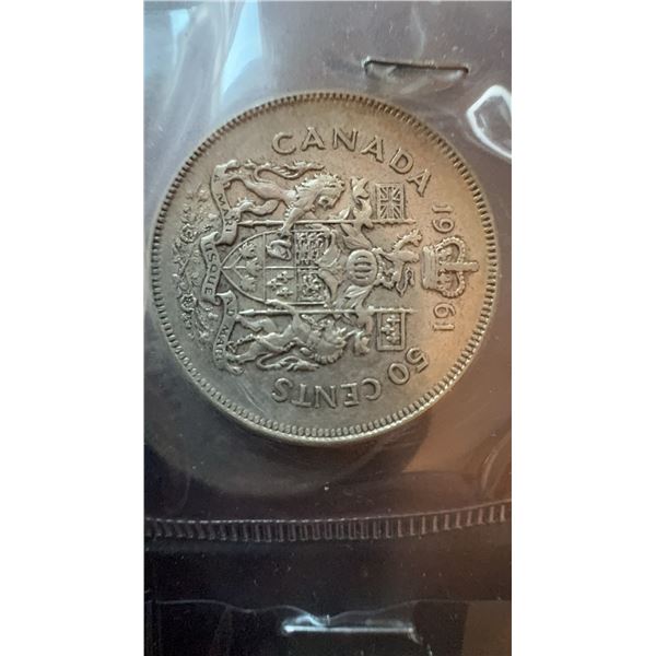1961 Canada 50 Cents Silver Coin, Queen Elizabeth II, 80% Silver