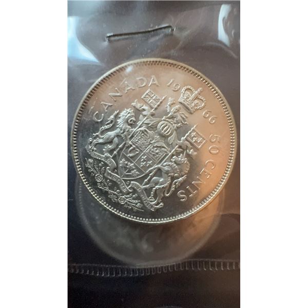 1966 Canada 50 Cents Silver Coin, 80% Silver, 11.66g