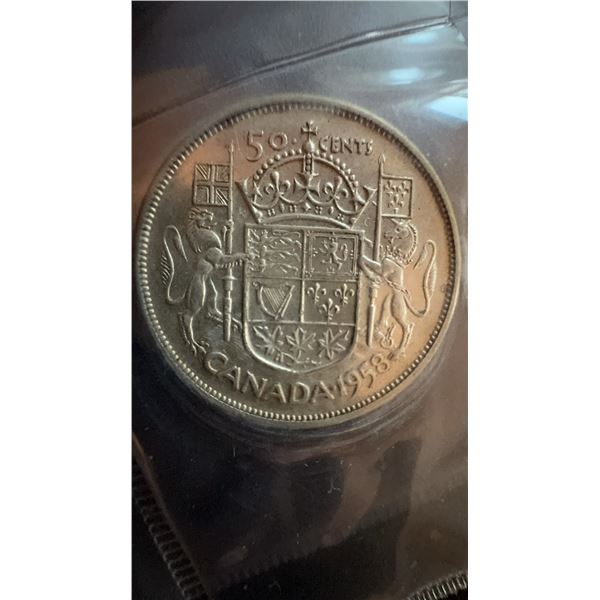 1958 Canadian 50 Cents Silver Coin Queen Elizabeth II