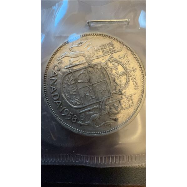 1958 Canada 50 Cents Coin, 80% Silver, 11.66g