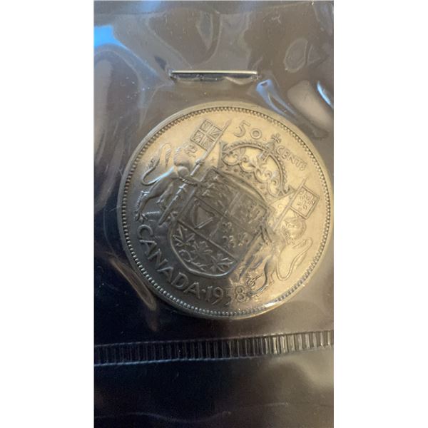 1958 Canada 50 Cent Coin, 80% Silver, 0.3 Troy Oz Pure, 11.66g
