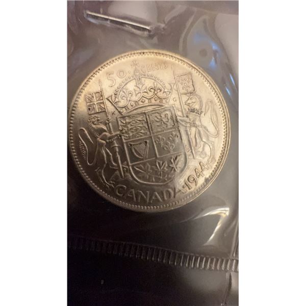 1944 Canada 50 Cents Coin, King George VI, 80% Silver, 11.66g