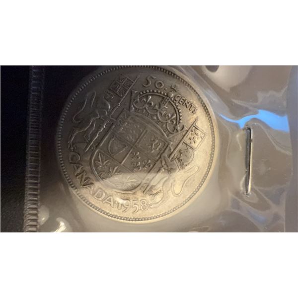 1958 Canadian 50 Cents Coin, 80% Silver, 11.66g