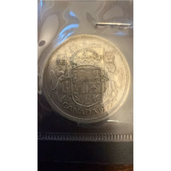 1955 Canada 50 Cent Coin, 80% Silver, 0.30 Troy Oz, 11.66g