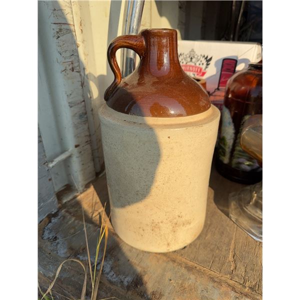 Stoneware Jug with Brown Glazed Top and Handle