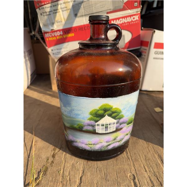 Amber Glass Jug With Hand-Painted Garden Scene