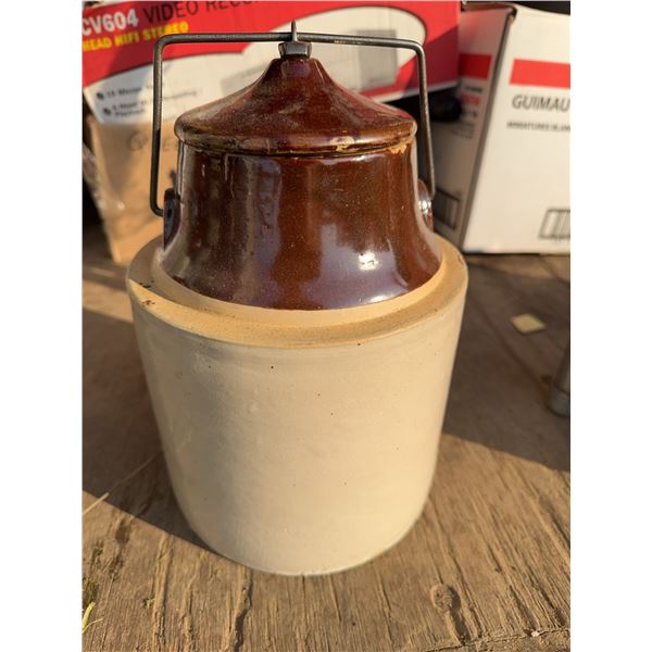 Stoneware Crock with Brown Glazed Lid and Metal Handle