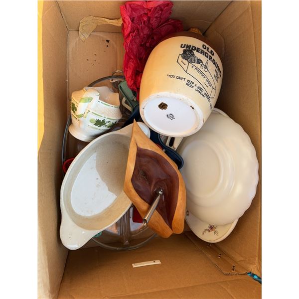 Kitchenware Lot With Old Underground Whiskey Jug and Fire-King Dish