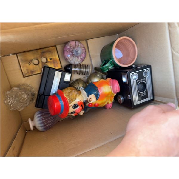 Box Lot Of Cameras, Figurines, Glassware And Ceramics