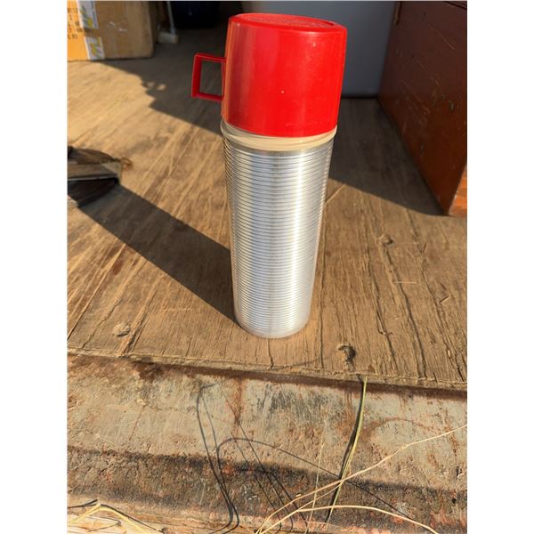 Thermos Brand Aluminum Insulated Bottle With Red Lid, 12 Oz Size