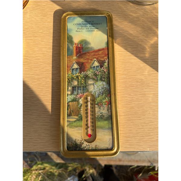 Vintage Consumers Market Metal Thermometer With Cottage Scene