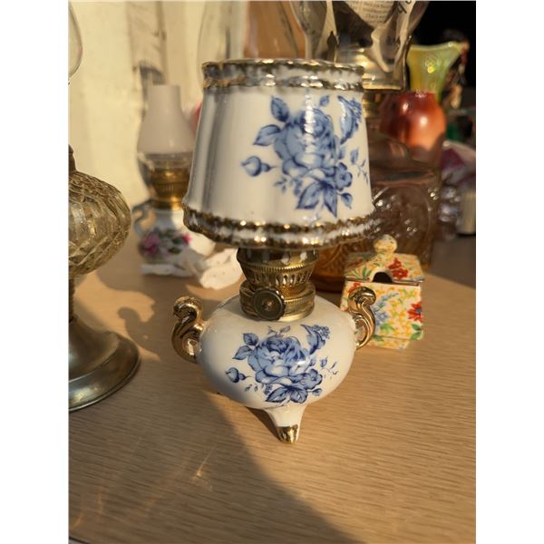 Porcelain Miniature Oil Lamp with Blue Floral Design and Gold Accents