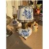 Image 1 : Porcelain Miniature Oil Lamp with Blue Floral Design and Gold Accents