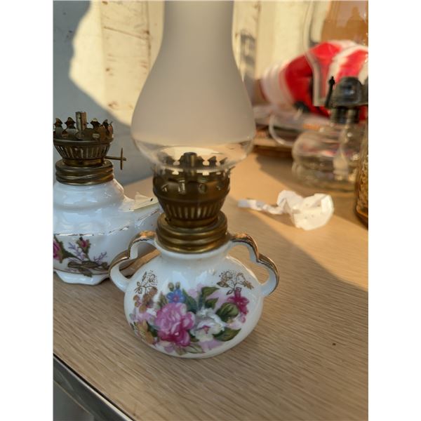 Porcelain Floral Miniature Oil Lamps with Brass Fittings