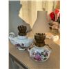 Image 5 : Porcelain Floral Miniature Oil Lamps with Brass Fittings