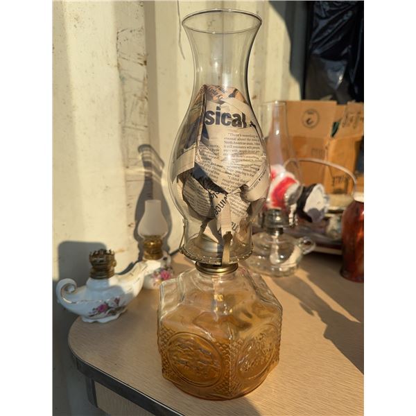 Amber Glass Oil Lamp with Embossed Horse and Carriage Motif