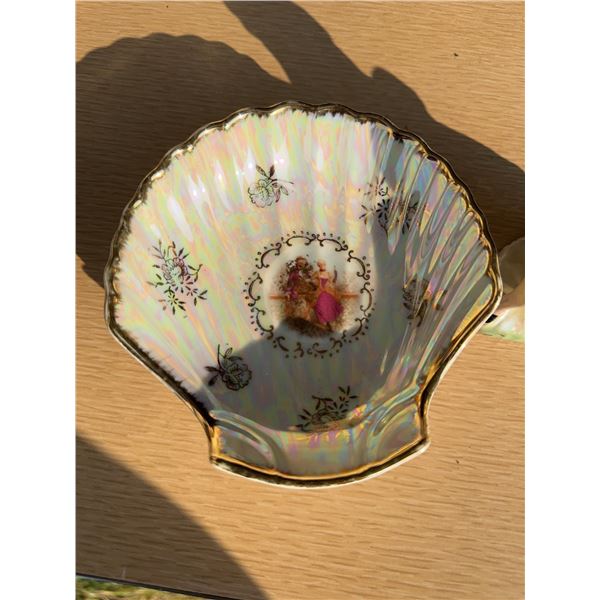 Porcelain Shell Dish and Woman Figurine With Gold Accents