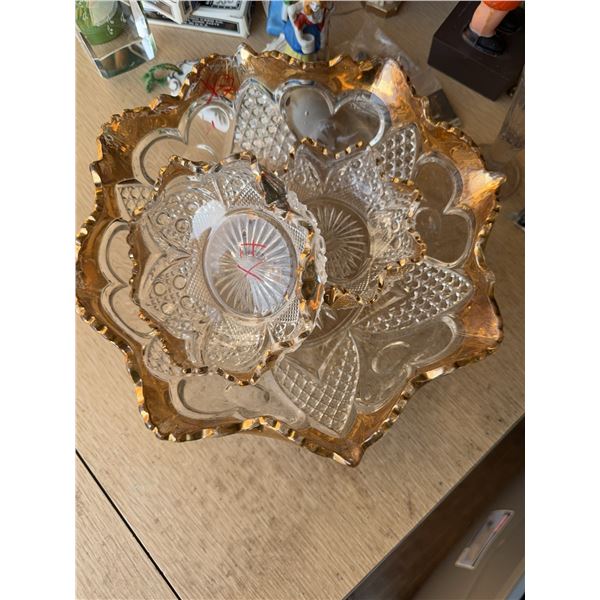 Pressed Glass Bowl Set with Gold Trim, Two Pieces, One Damaged