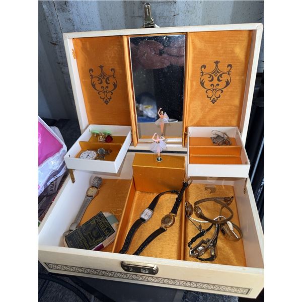 Jewellery Box With Watches, Earrings, Brooches, Tobacco Tin