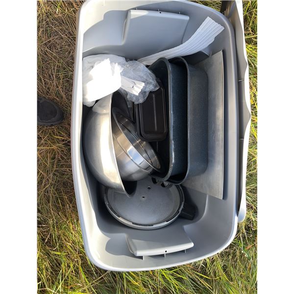 Bakeware and Mixing Bowls in Plastic Storage Bin