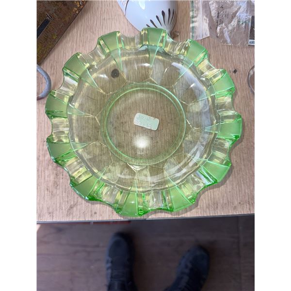 Green Uranium Glass Ruffled Edge Bowl