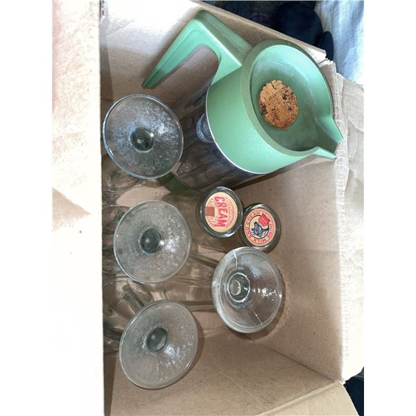 Glass Milk Bottles With Vintage Cream Caps, Ice Cream Glasses, And Pitcher