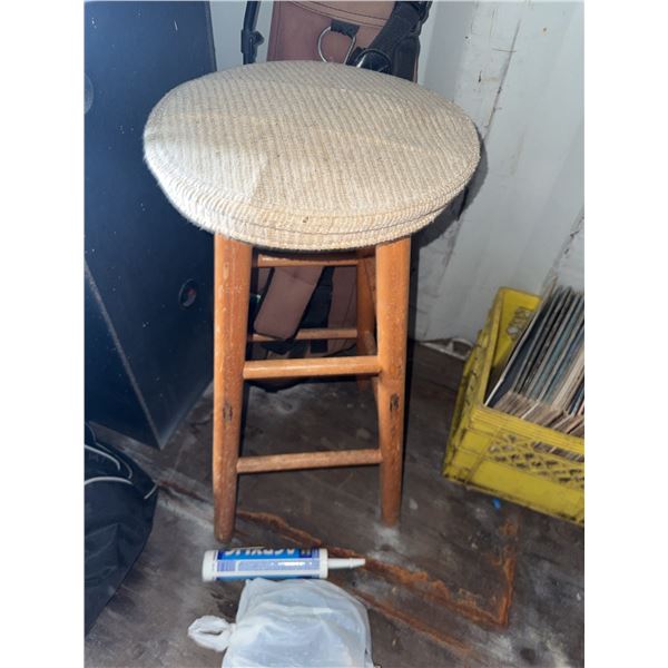 Wooden Stool With Beige Upholstered Round Seat