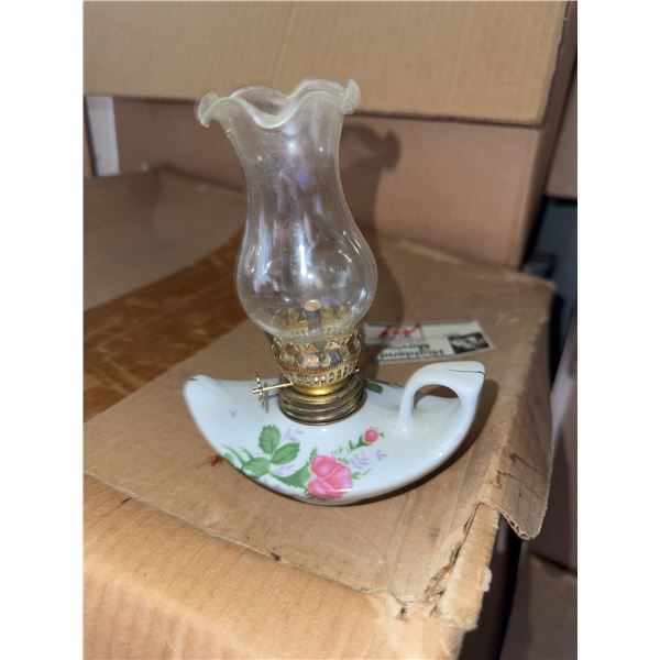 Porcelain Miniature Oil Lamp with Floral Design and Glass Chimney