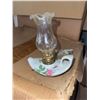 Image 1 : Porcelain Miniature Oil Lamp with Floral Design and Glass Chimney