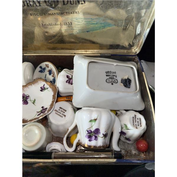 Gray Dunn Biscuit Tin with Assorted Miniature Porcelain Tea Set