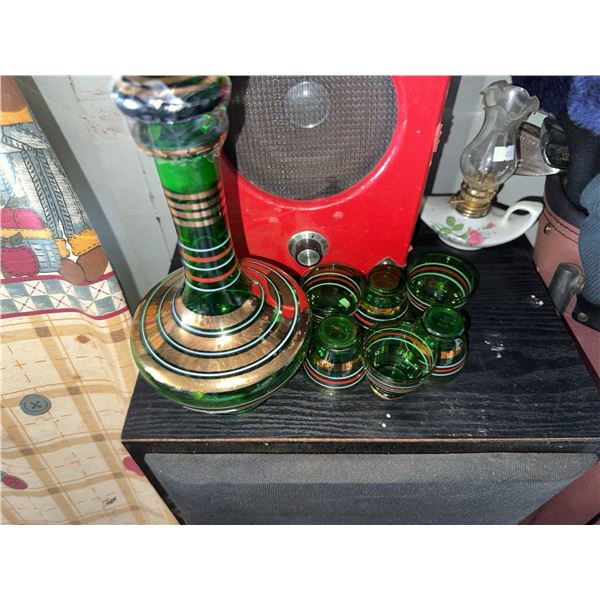 Green Glass Decanter Set With Gold and Red Bands, 6 Glasses