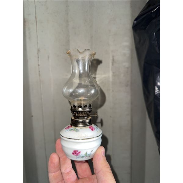 Miniature Porcelain Oil Lamp with Floral Design and Glass Chimney