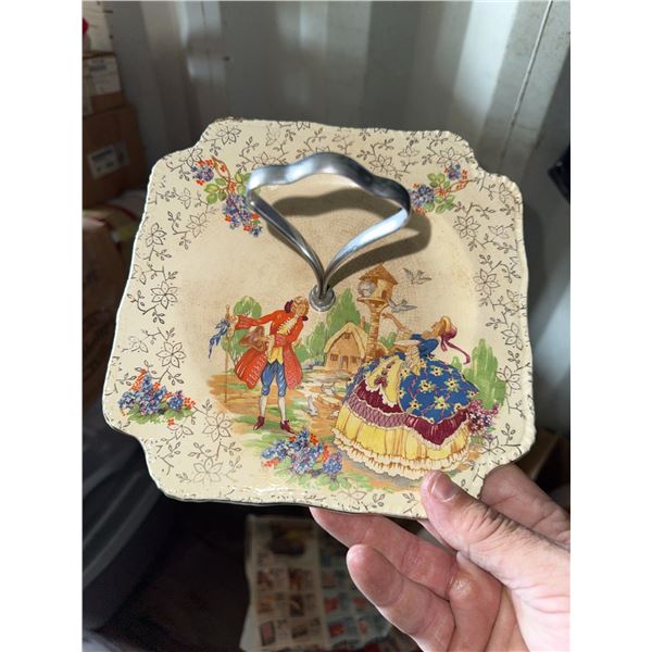 English Porcelain Square Cake Plate with Handle and Courting Couple Scene