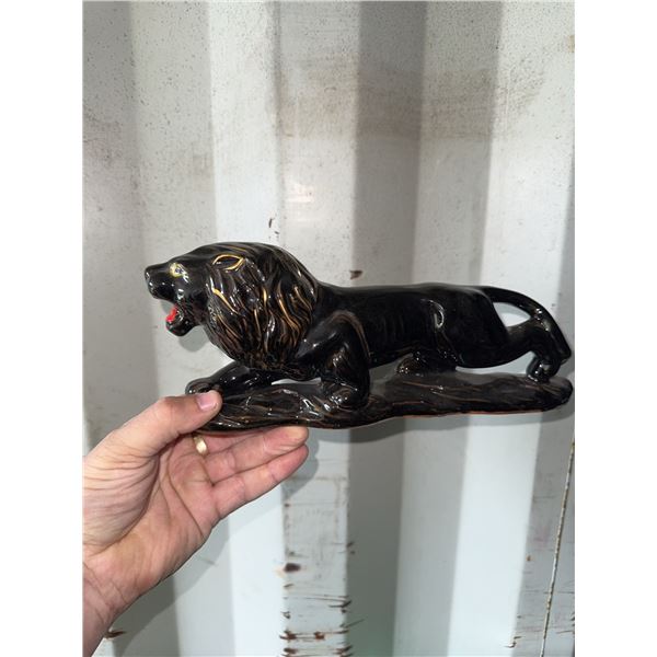 Ceramic Glazed Lion Figurine with Brown and Black Finish