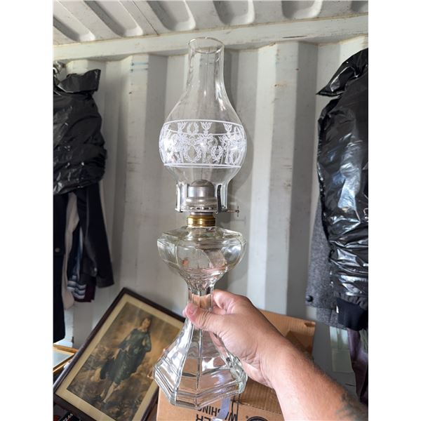 Clear Glass Oil Lamp with Etched Floral Chimney and Hexagonal Base