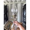 Image 1 : Clear Glass Oil Lamp with Etched Floral Chimney and Hexagonal Base