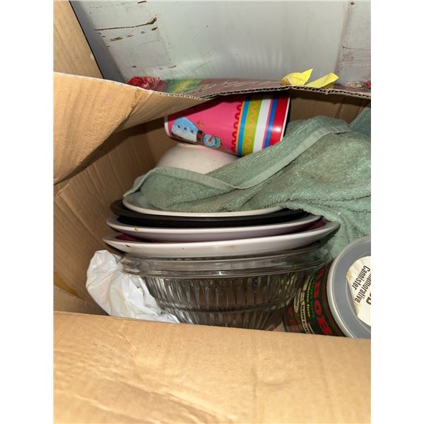 Kitchenware Lot: Plates, Bowl, Glass Canister, and Plastic Items