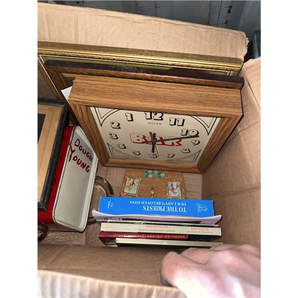 Box Lot with Red Tin Lunchbox, Wood Box, Framed Print, and Books
