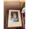 Image 2 : Box Lot with Red Tin Lunchbox, Wood Box, Framed Print, and Books