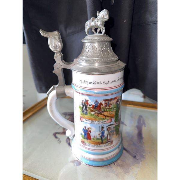 German Regimental Beer Stein with Pewter Horse Lid